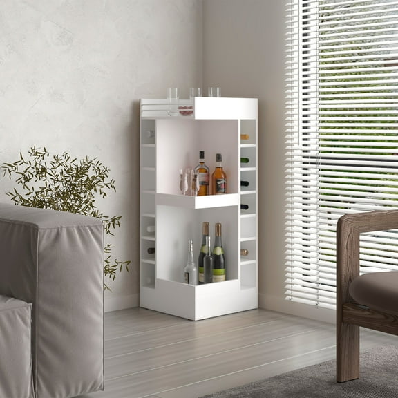 TUHOME Lyman 46" Tall Corner Bar Cabinet with Fourteen Wine Bottle Cubbies and Three-Tier