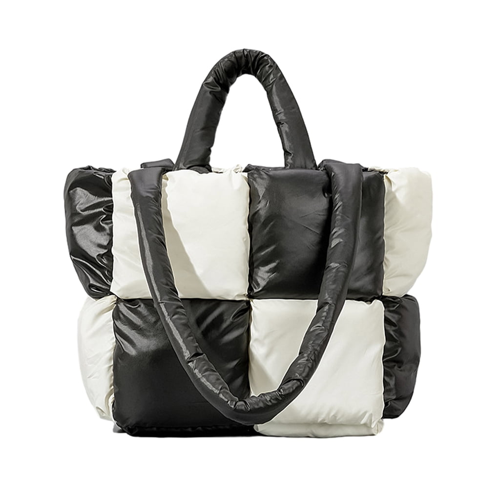 Dalazy Stay Fashionable With Puffer Tote Bag Comfortable Shoulder Straps Multiple Color Options Large Black and White 1Set