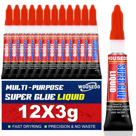 12 X 3g Super Glue Liquid, Clear Strong Adhesive,Fast Drying Cyanoacrylate for Wood, Rubber, Leather, Plastic, Metal, DIY Crafts and More
