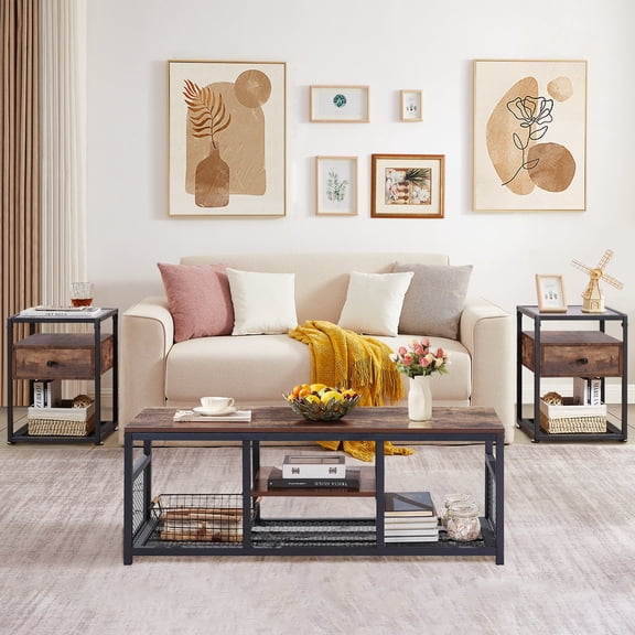 VECELO 3 Piece Coffee Table and End Table Set for Living Room, Brown