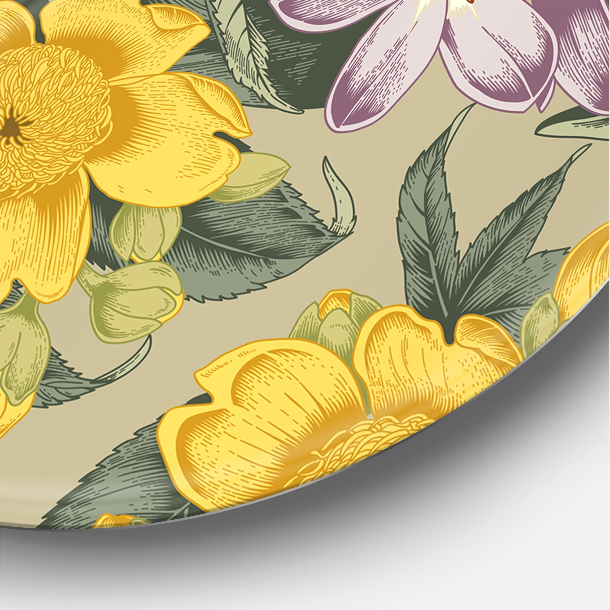 Designart 'Ancient Exotic Flowers In Orange and Yellow' Traditional Circle Metal Wall Art 36x36 - Disc of 36