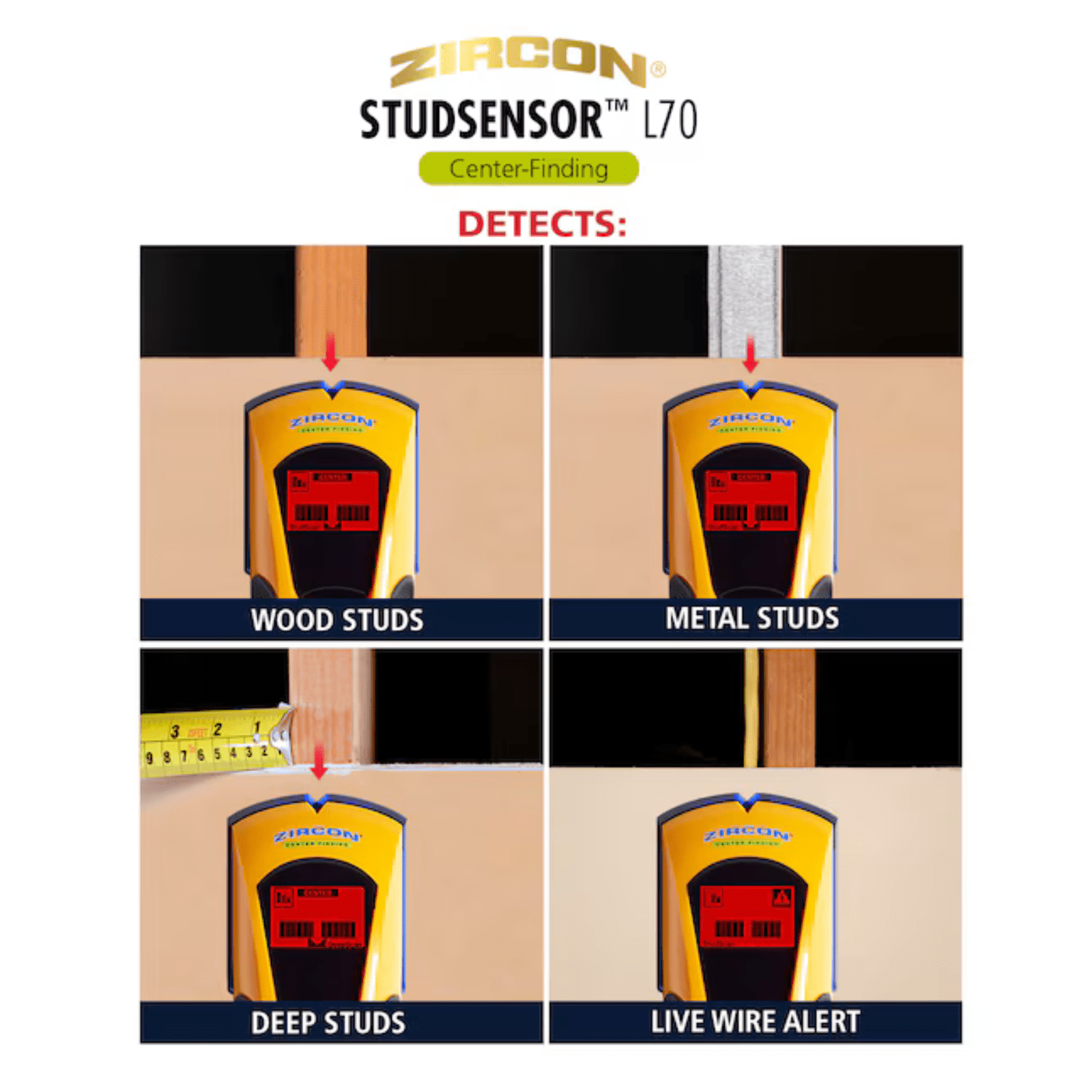 Zircon 1.5 Inch Deep Scan Metal and Wood Stud Finder with AC Wire Warning Detection, SpotLite Pointer, Audio Alert and Auto Correcting Technology