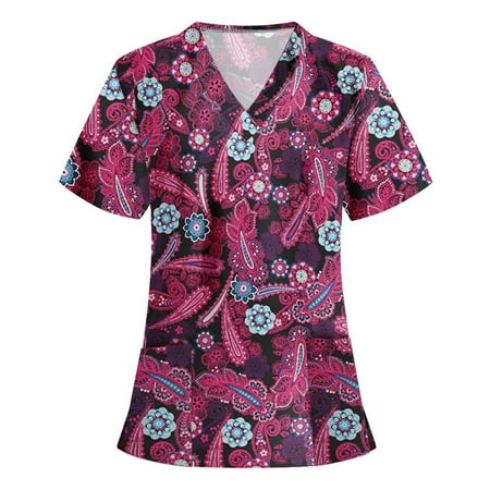 

Akklian Summer Savings Clearance Scrubs for Women V-Neck Working Uniform Print Short Sleeve Scrubs Top Pockets Blouse