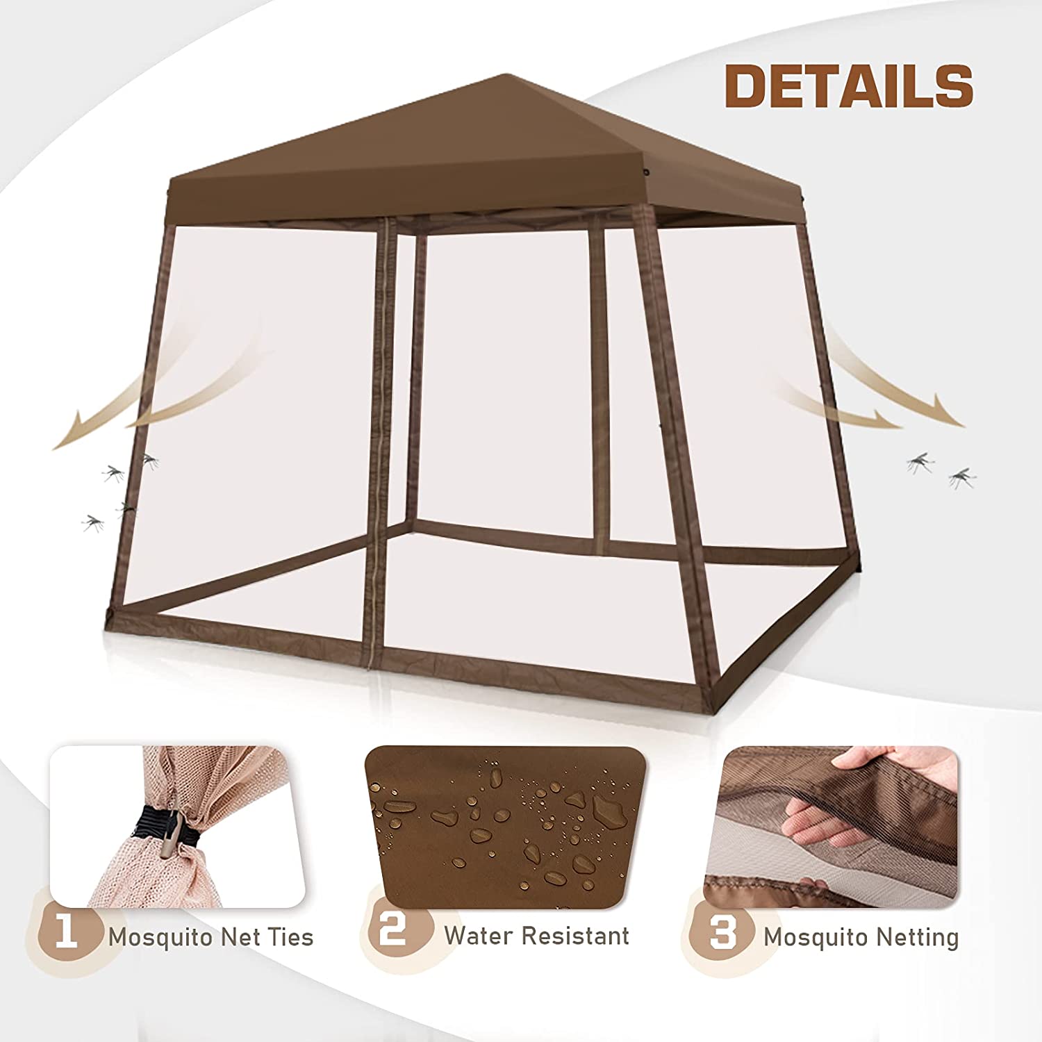 EAGLE PEAK 10x10ft Slant Leg Easy Setup Pop Up Canopy Tent with Mosquito Netting 64 sqft of Shade, Brown