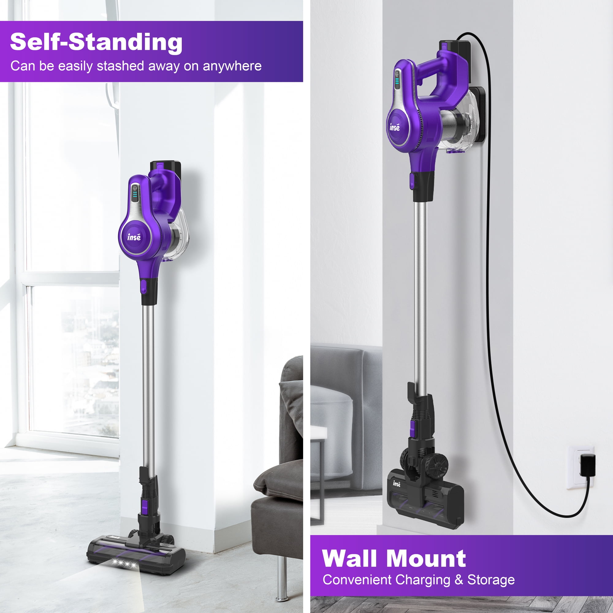 INSE Cordless Vacuum Cleaner, 30kPa 300W Powerful Suction Stick Vacuum Cleaner up to 45min Runtime, Rechargeable Battery Vacuum, 8-in-1 Lightweight Vacuum for Carpet Hard Floor Pet Hair, Purple