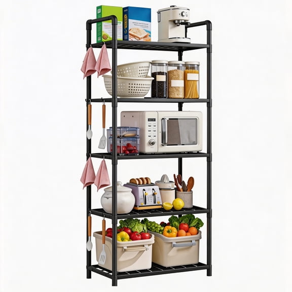 GARITIN 5 Tier Storage Shelving Unit, Heavy‑Duty Plastic Organizer Rack with Hooks, Easy Assembly Storage Shelf for Kitchen, Bathroom & Laundry Room