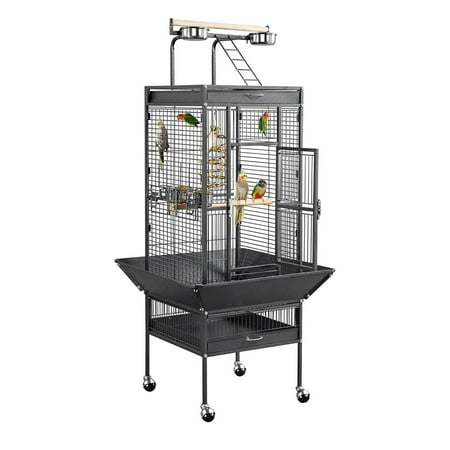 61-inch Wrought Iron Large Parrot Bird Cages with Rolling Stand for Cockatiels Amazon Parrot Quaker Conure Parakeet Lovebird Finch Canary Small Medium Parrot Cage Birdcage, Black