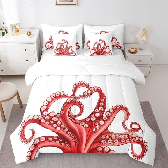 Erosebridal Sealife Octopus Bedding Sets Twin Size,Ocean Animal Comforter Sets with Sheets,Microfiber Bed in a Bag Twin size,Marine Room Decorative,7pcs