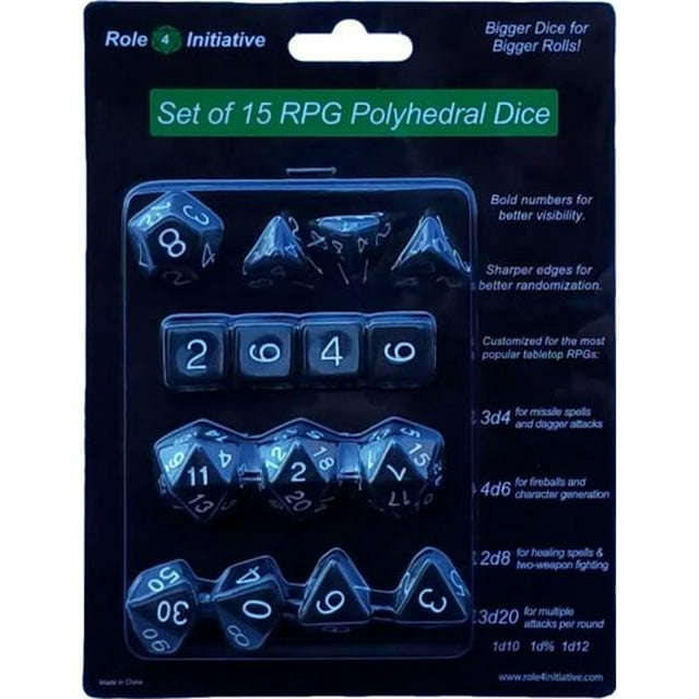 Role 4 Initiative R4I50103-FB Polyèdre Translucide Noir avec Nombre Blanc dés&44; Ensemble de 15