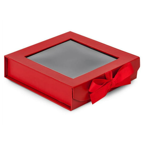 Pack Of 24, 6 X 6 X 1-5/8" Large Solid Red Gourmet Folding Boxes W/Ribbon Closures & Window Lid For Christmas & Valentine
