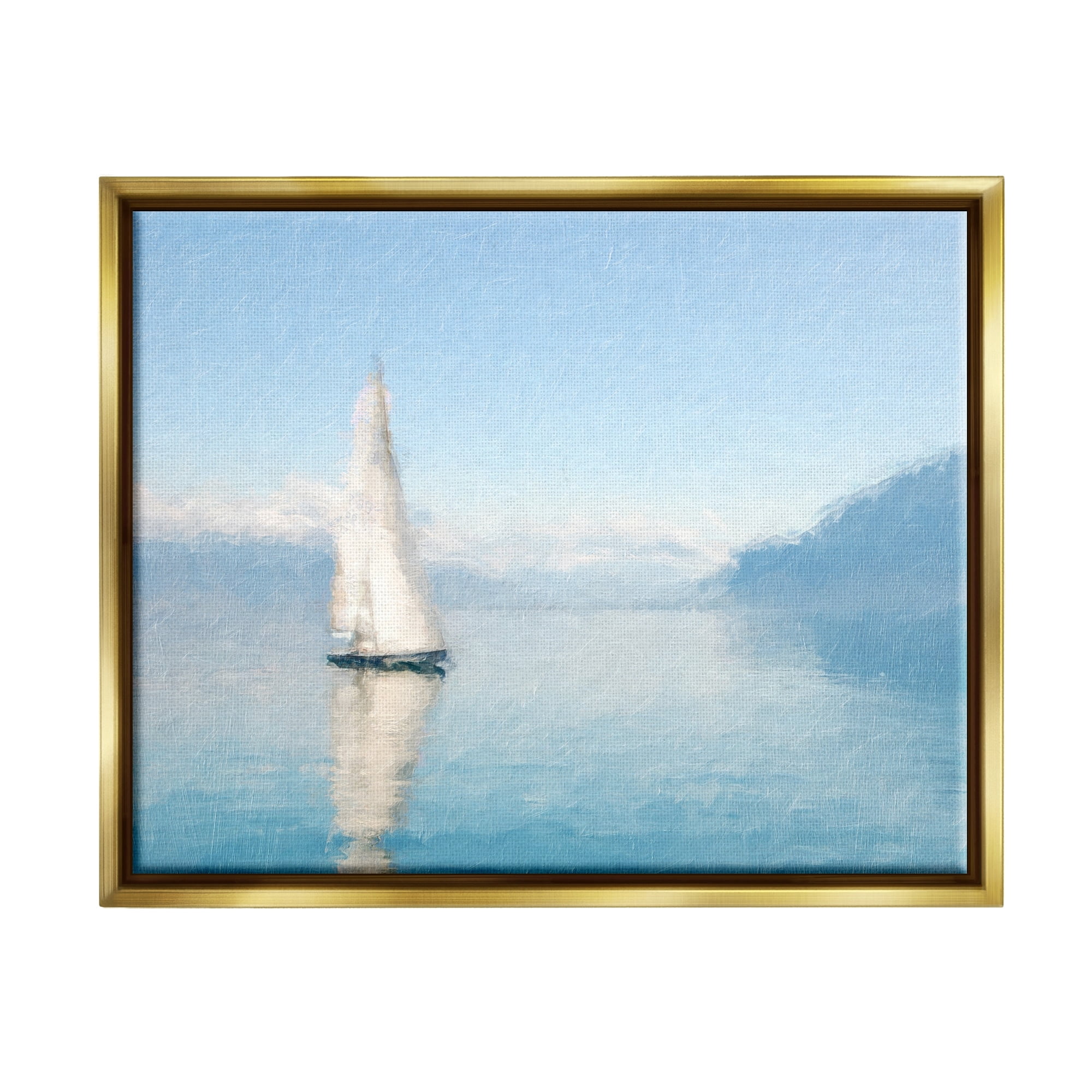Stupell Blue Ocean Sailboat Sea Reflection Landscape Painting Gold Floater Framed Art Print Wall Art