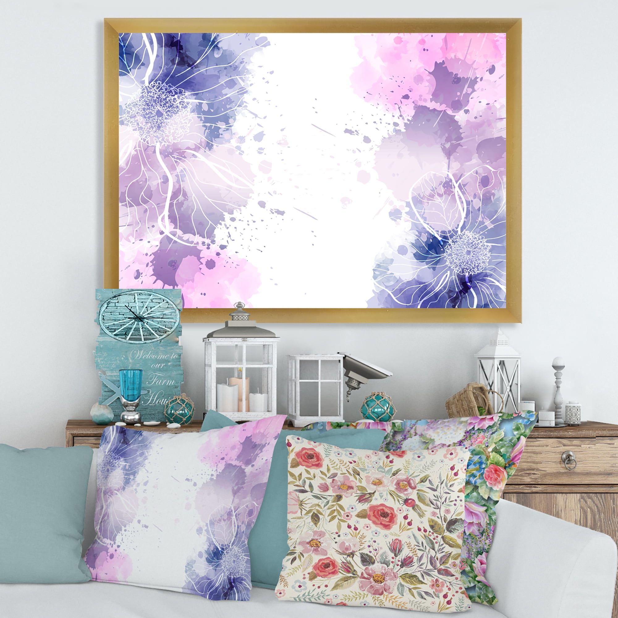 Designart 'Pink and Purple Abstract With Colorful Splashes I' Modern Framed Art Print