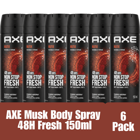 AXE Musk Patchouli & Fougère Deodorant Body Spray, 48-Hour Non-Stop Freshness, 150 mL, 6-Pack, Imported
