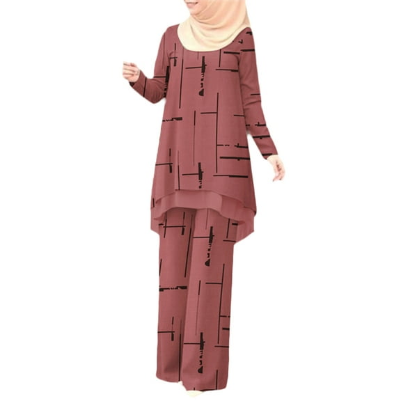 ZANZEA Women Spring Printing Muslim Suit Full Sleeve O-Neck Long Blouse and Wide Leg Pant