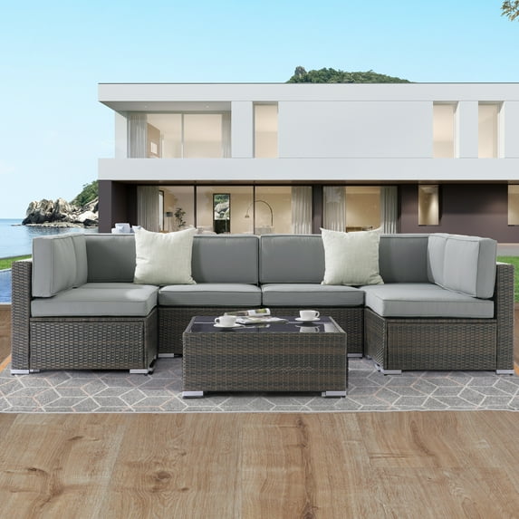 CHYVARY 7 Pcs Outdoor Sectional Sofa Conversation Sets,Patio PE Wicker Rattan Woven,Washable Sponge Cushions with Tea Table,Brown&Gray