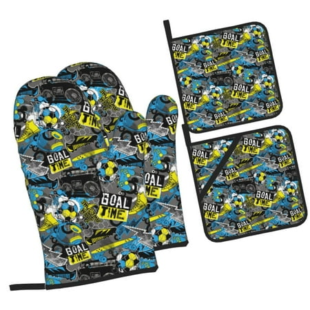 

Daiia Goal Time Pattern Oven Mitts and Pot Holders 4 pcs Set High Heat Resistant 500 Degree Extra Thicken Long Kitchen Cotton Oven Glove