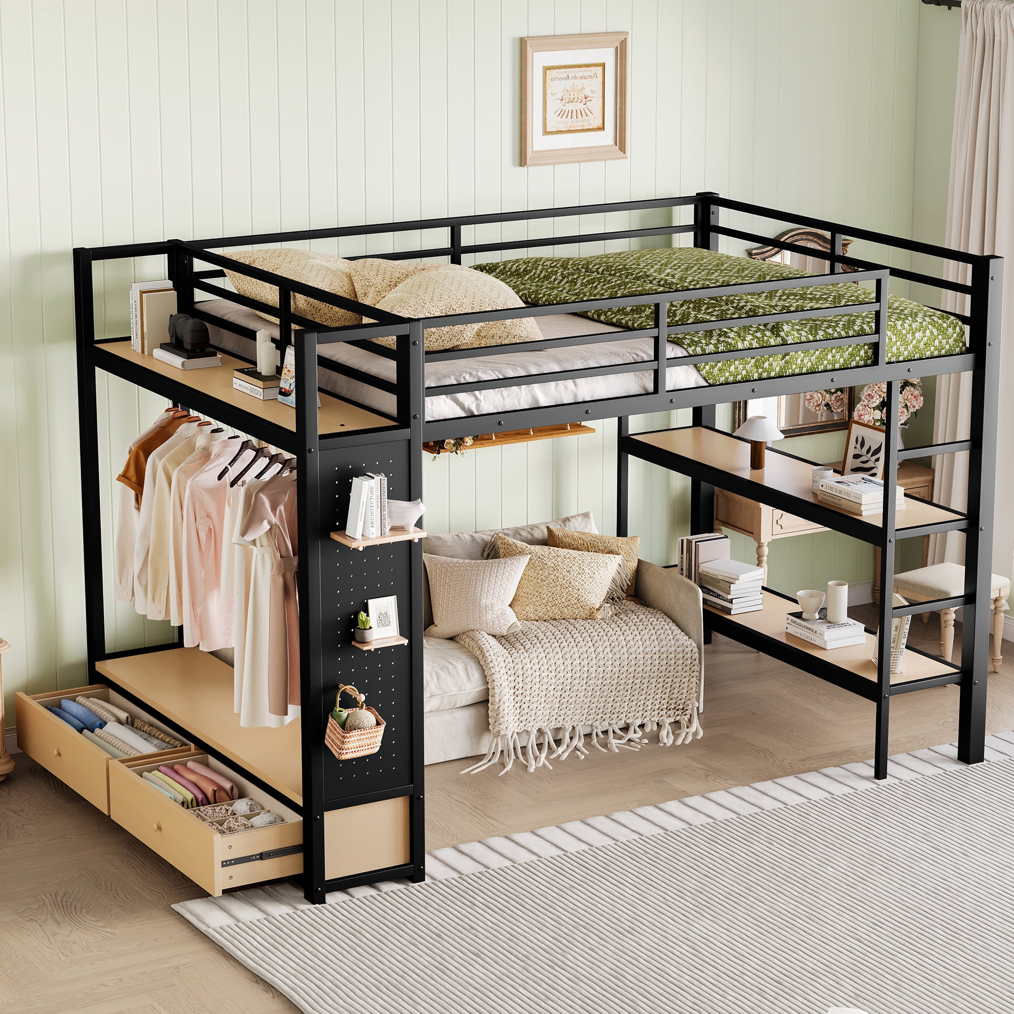 Leumius Queen size Loft Bed with Wardrobe,Metal Loft Bed Frame with Storage Shelves and Pegboard,