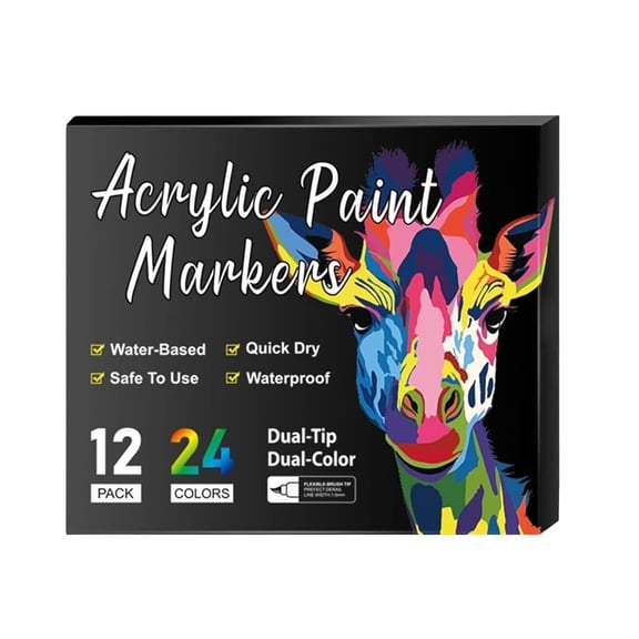 Acrylic Paint Markers Set, 12 Pack 24 Dual-Tip Colors, Water-Based, Quick Dry, Waterproof, Safe for All Ages, Ideal for Rock, Glass, Wood, Canvas, Ceramic, and DIY Craft Projects