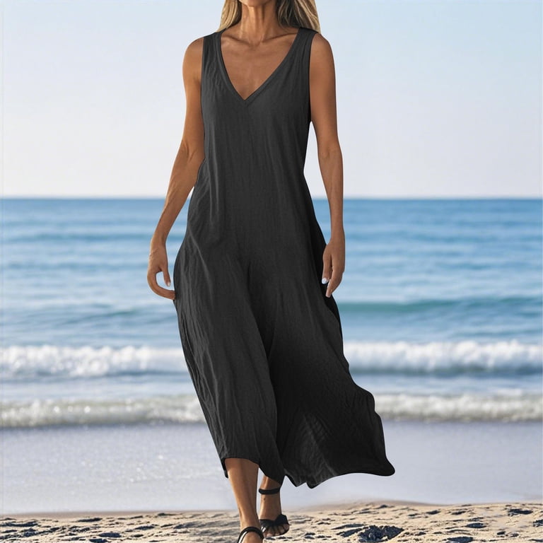 SMihono Sundresses for Women 2025 Maxi Boho Beach Dress Trendy V Neck  Sleeveless Loose Long Dress Flowy Summer Sundress Black XXL - Walmart.com