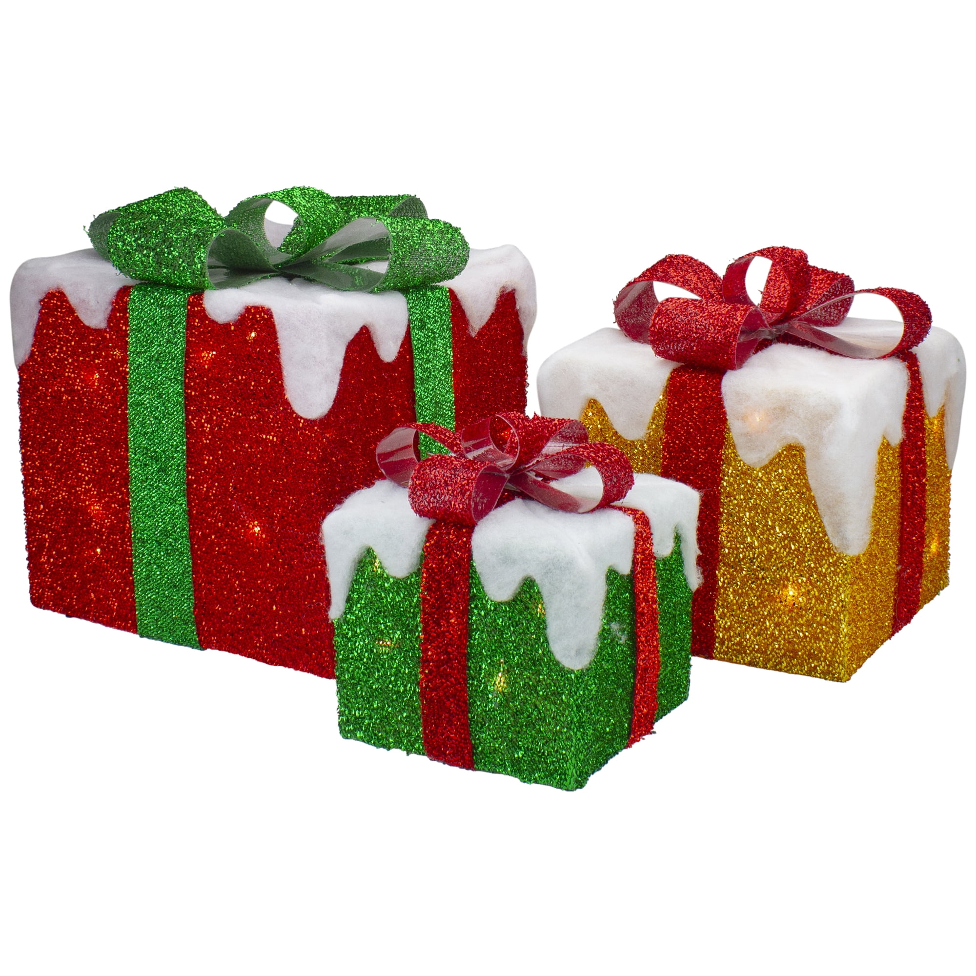 Set of 3 LED Lighted Green, Gold and Red Snowy Gift Boxes Outdoor ...