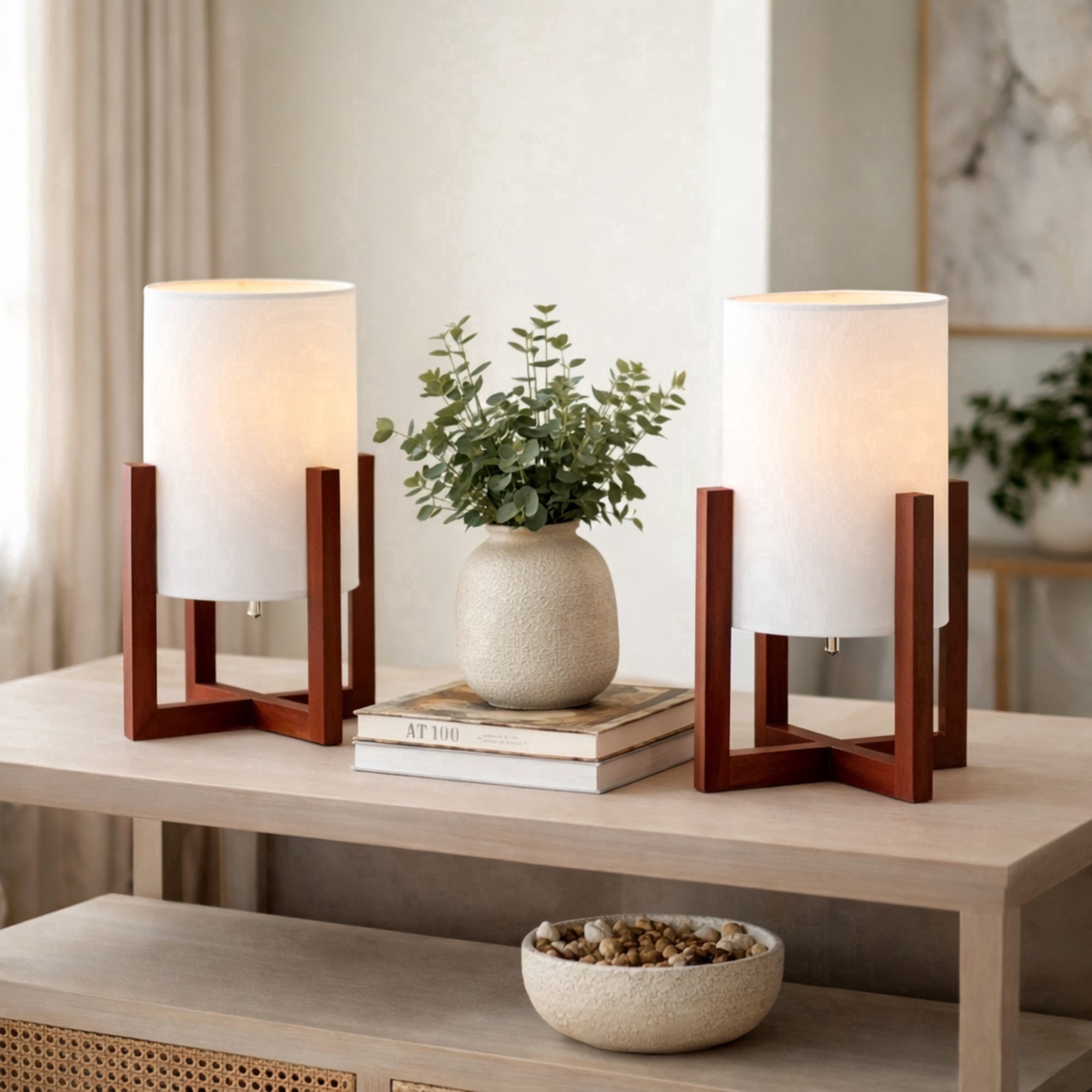 Sagebrook Home Wood Cylinder Table Lamps for Home and Bedroom Decor - Accent Lighting for Living Room and Nightstand - Set of 2, 15", Red & White