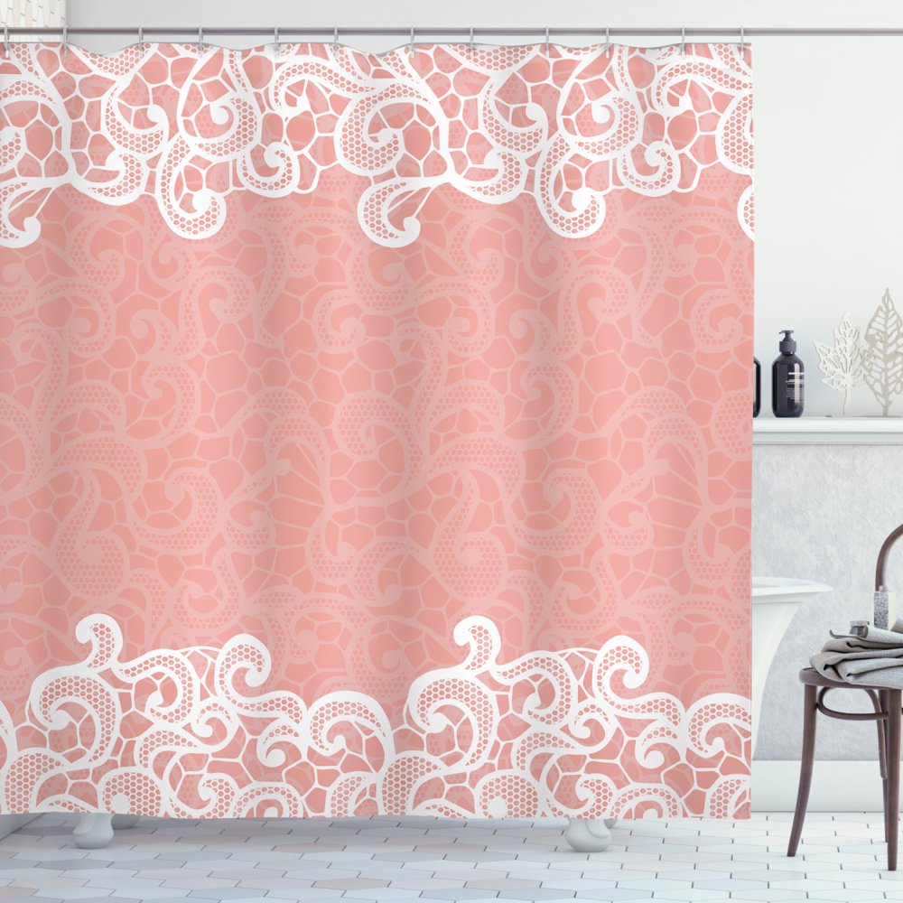 Peach Shower Curtain, Lace Design on Soft Colored Background Ornamental Pattern Wedding Inspired