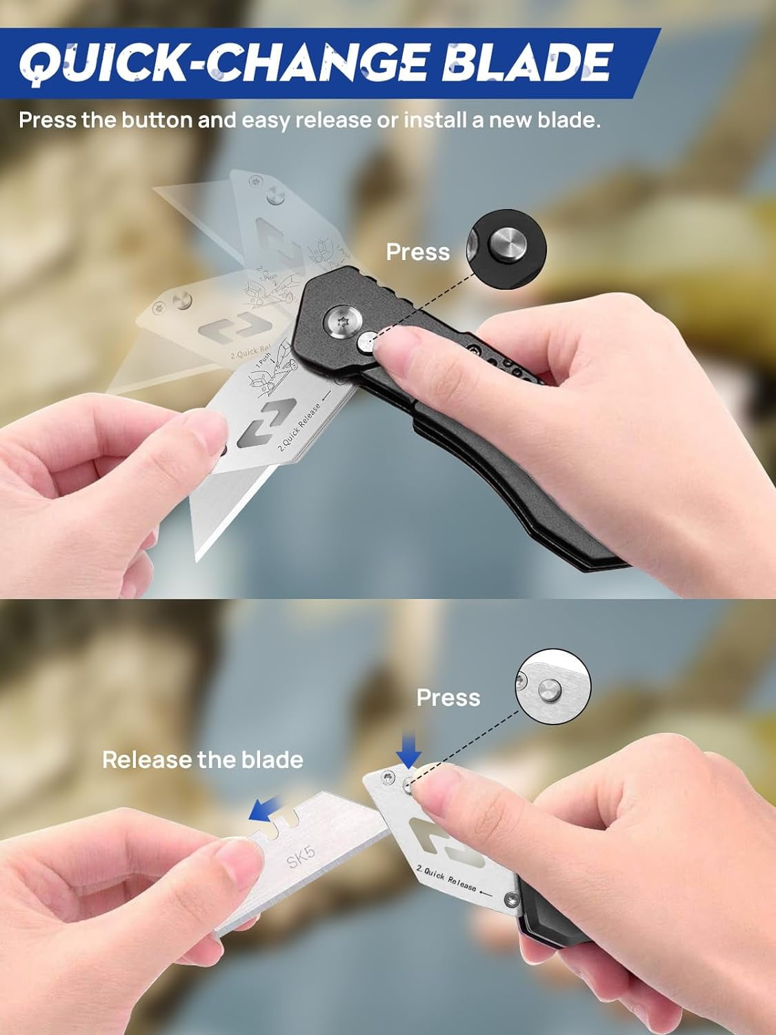 Utility Knife, Upgraded Version Heavy Duty Box Cutter, Pocket Carpet knife with 10 Replaceable 5 Stainless Steel Blades, Belt Clip, Easy Release Button, Quick Change and Safety Lock-Black