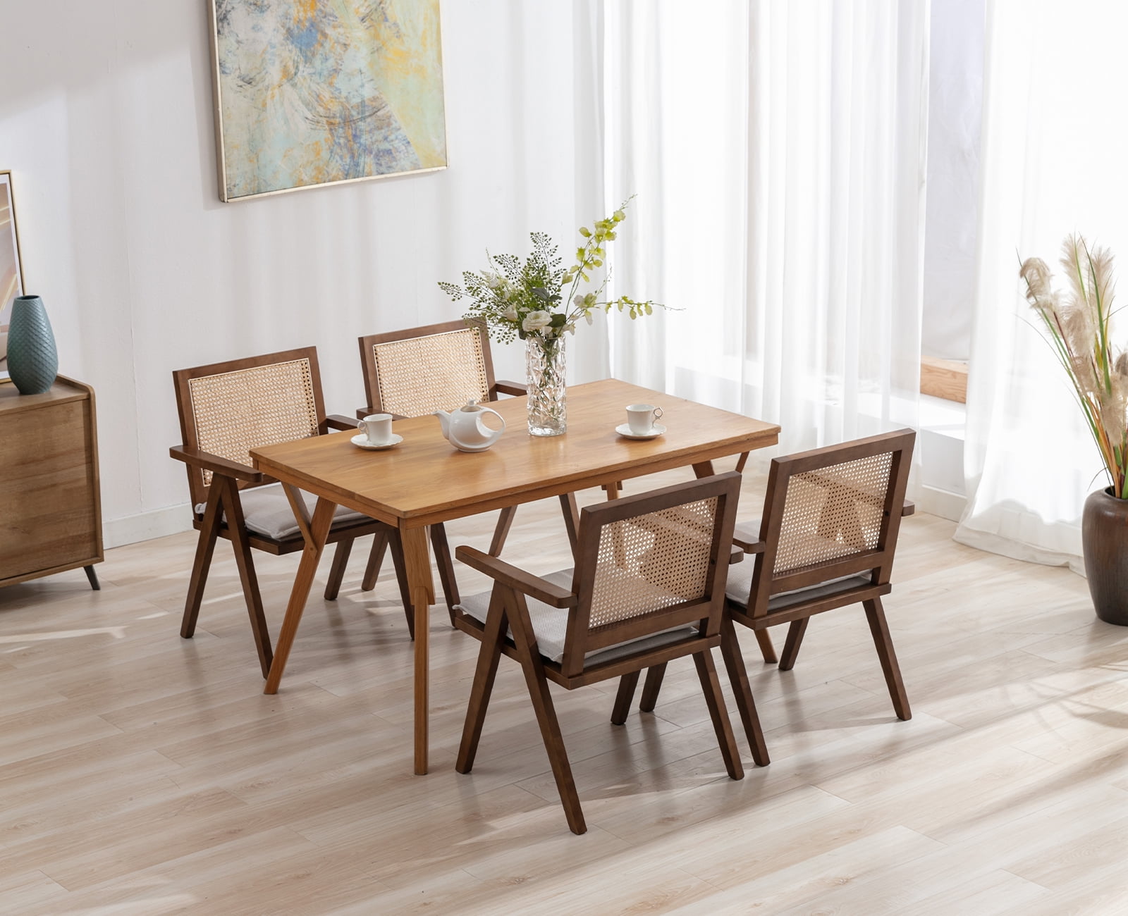 Guyou Modern Rattan Dining Chair Set of 2, Mid-century French Farmhouse Upholstered Solid Wood Armchair Reading Chair, Retro Accent Chair with Woven Back and Walnut Base, Beige Fabric