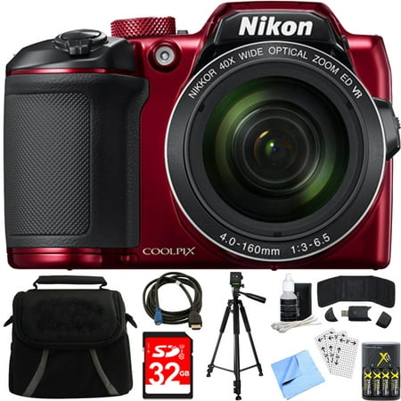 Nikon 26508 COOLPIX B500 16MP 40x Optical Zoom Digital Camera Red Bundle with 32GB Memory Card, Camera Bag, 60 Inch Tripod 4x Rechargeable AA Batteries with Charger and HDMI Cable