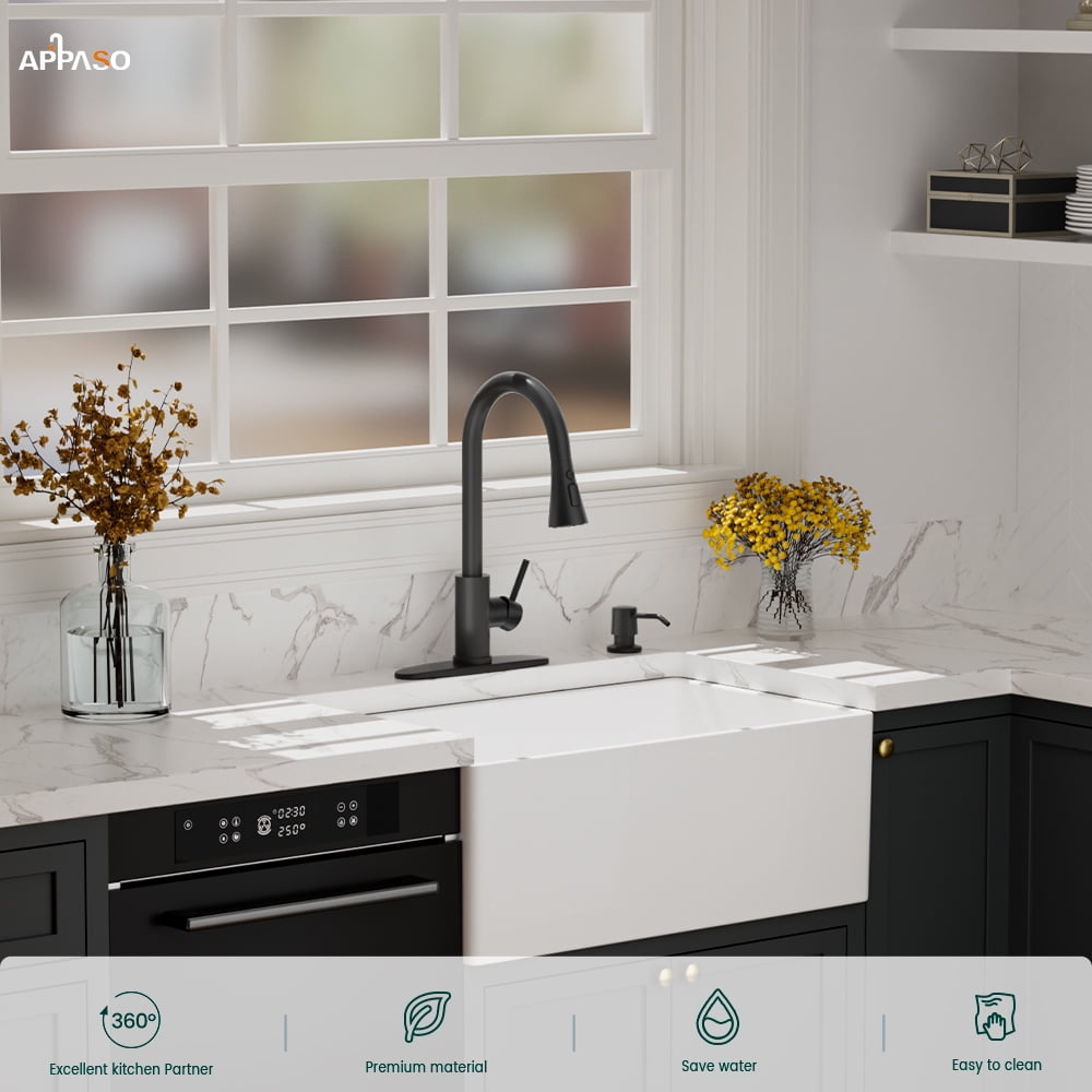 APPASO Stainless Steel Kitchen Faucet, Pull Down Sprayer 3 Modes, Matte Black High Arc Single Handle Gooseneck Faucets for 1 to 3 Holes Sink, Laundry, Farmhouse, RV, Bar