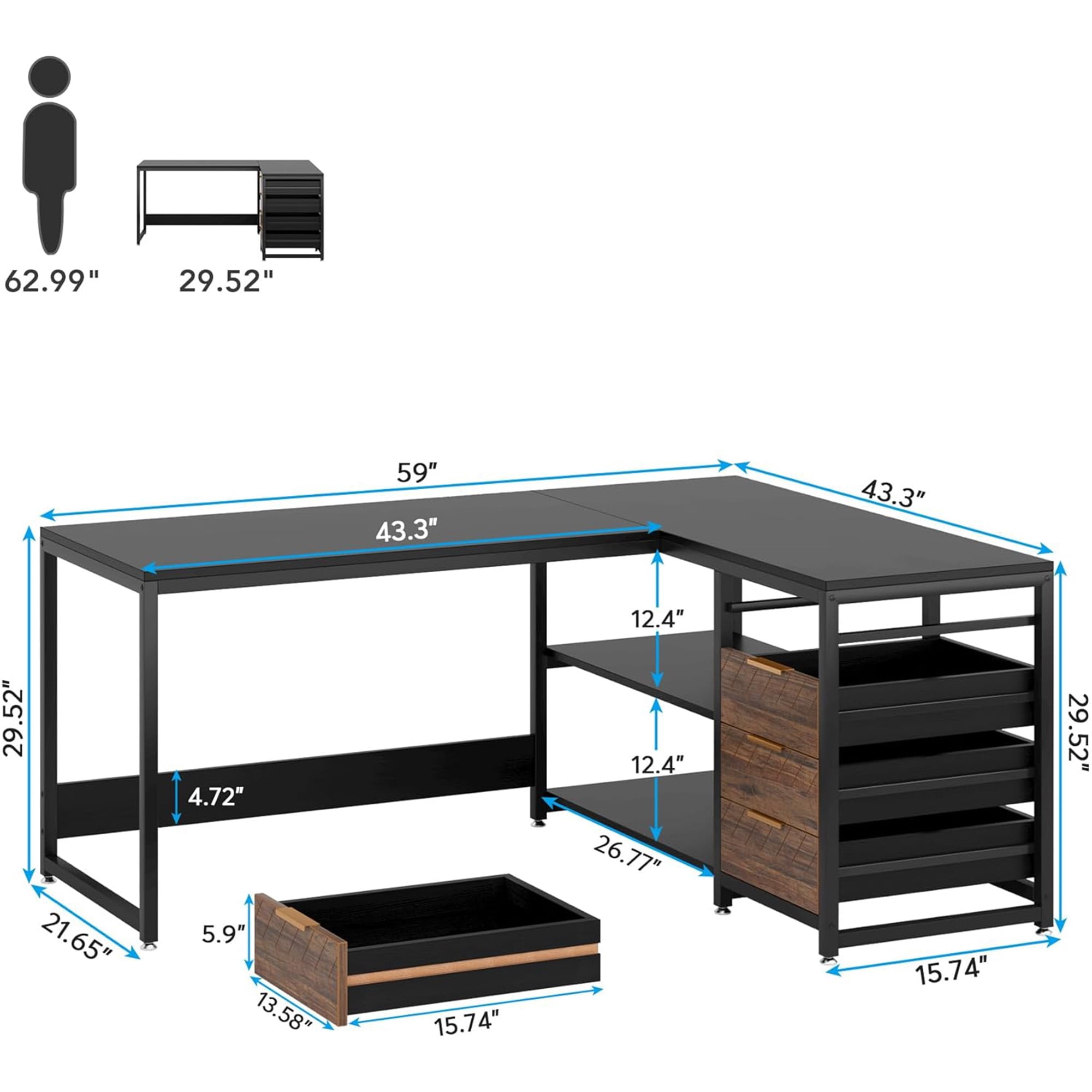 KIOOTTO 59" L-Shaped Computer Desk with 4 Drawers, Reversible Storage Cabinet and Large Corner Workstation, Brown
