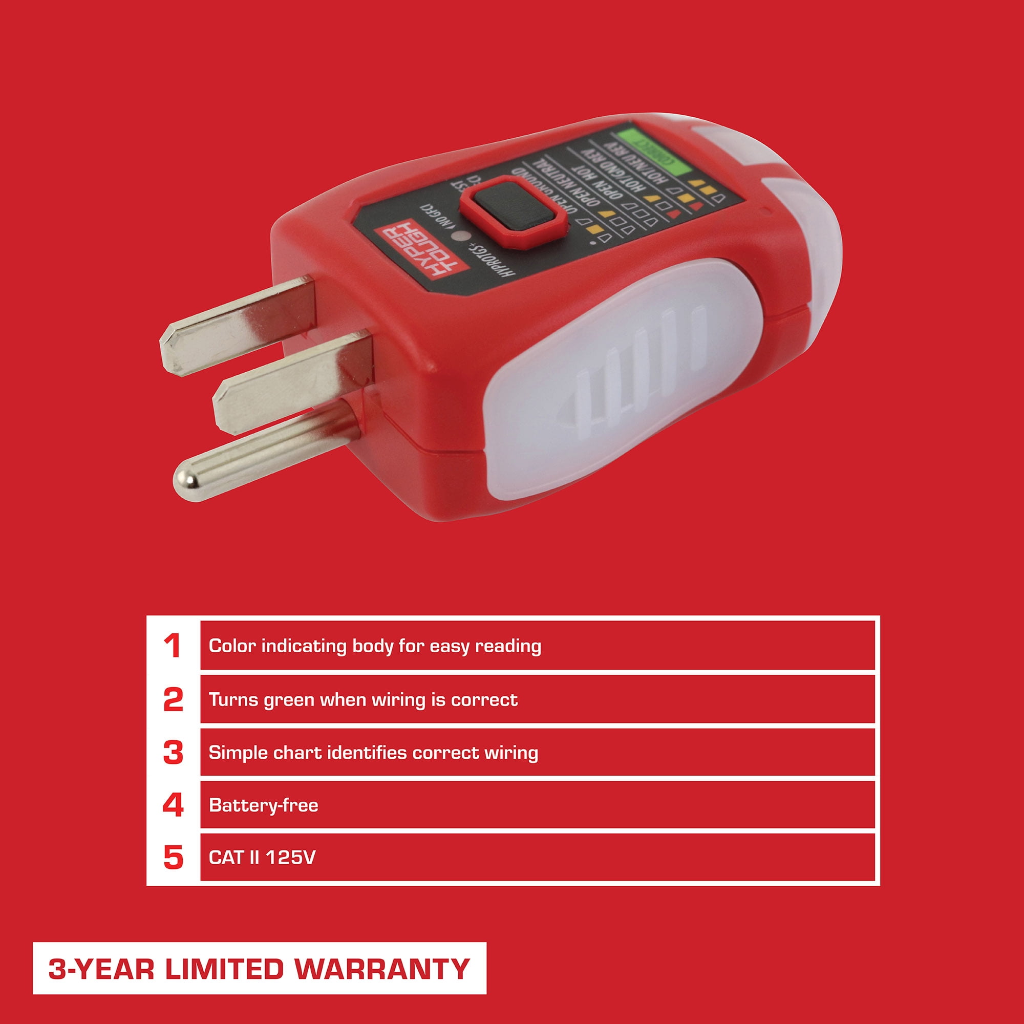 Hyper Tough GFCI & Outlet Tester, Easy-To-Read Sides That Turn Green When Correct, CAT II
