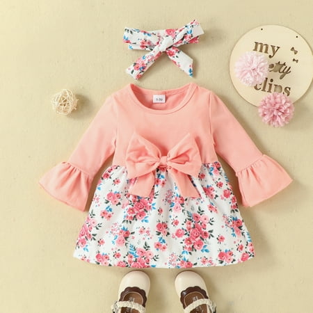 

Yidarton 18-24M Autumn And Winter 2022 Baby Bow Small Flower Print Lotus Leaf Cuff Long Sleeve Dress