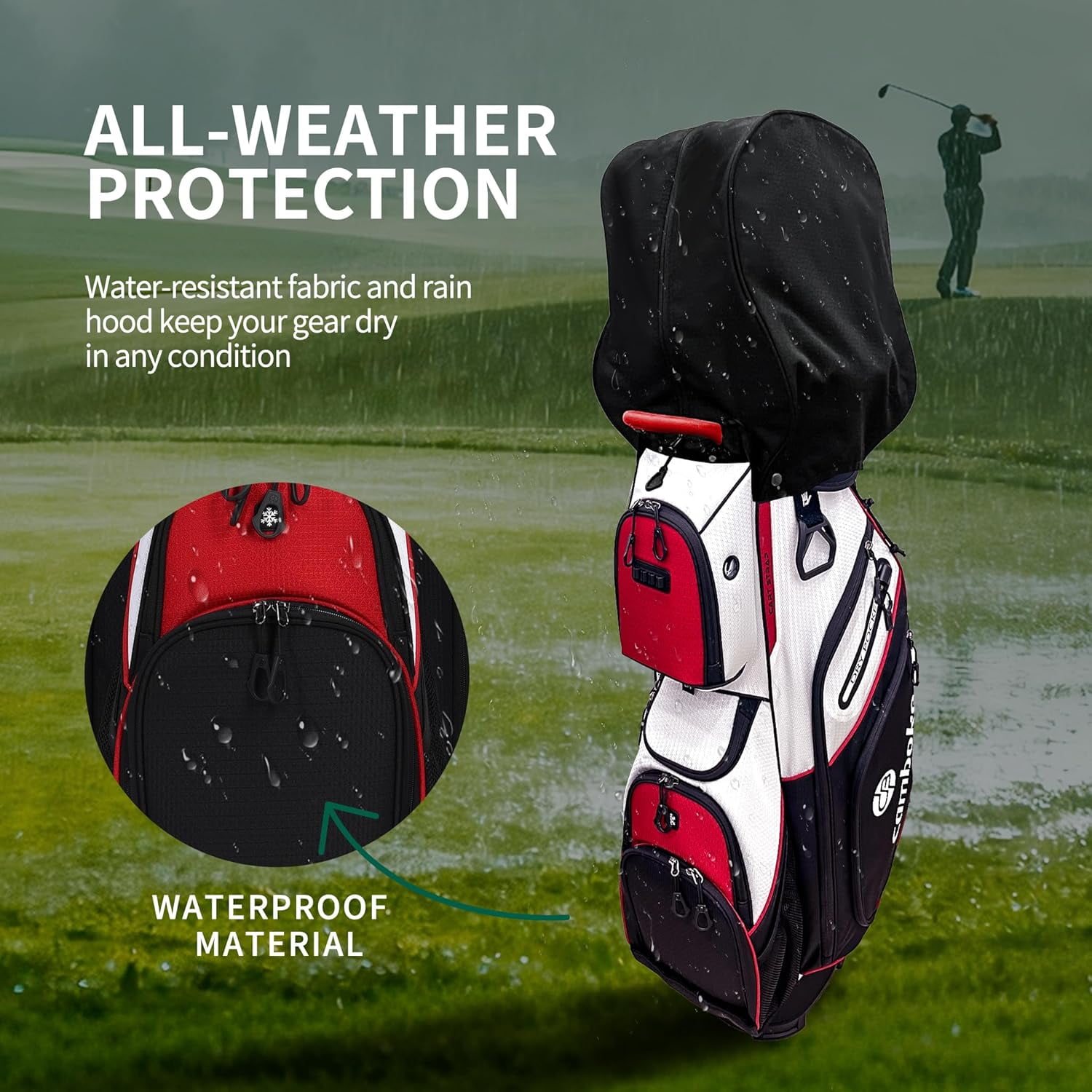 Silent Golf Cart Bag, Molded Lock Top Golf Bag with 14-Way Full-Length Dividers Large Capacity Cooler Pocket Padded Strap Golf Club Bag with Rain Hood for Trolley Players,red