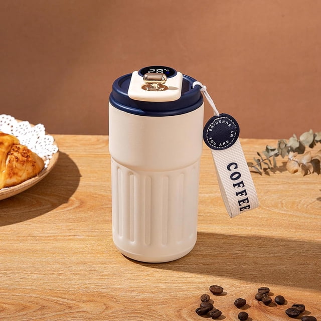 Taza de café con pantalla de temperatura inteligente, aislada al vacío, puede mantenerse caliente o fría durante 12 horas, a prueba de fugas, portátil y antideslizante, con tapa (azul).