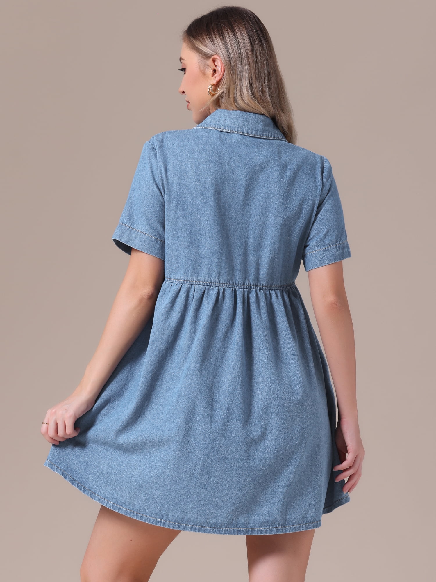 DARING DIVA Women's Denim Babydoll Collared Short Sleeve Button Down Dress XL Light Blue