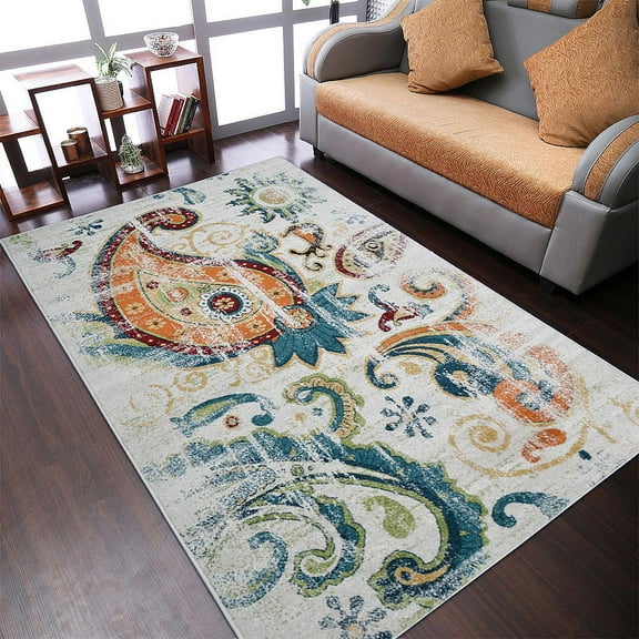 RUGSOTIC CARPETS MACHINE MADE HEATSET POLYPROPYLENE AREA RUGS - 4'x6', Rectangle Shape, Ivory Color, Floral Modern Design, High Pile Machine Made Area Rugs for Living Room, Bed Room (M00048)