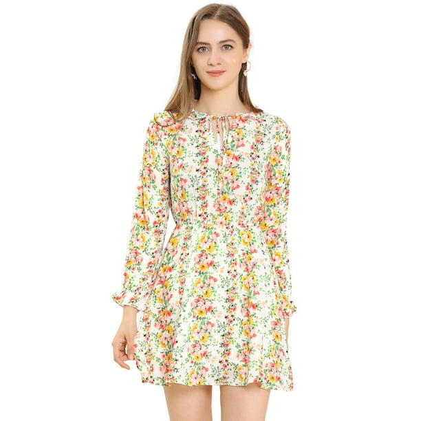 Allegra K Vestido Mini Estampado Floral Cuello Con Volantes Casual Para Mujeres Blanco M
