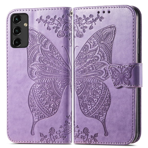 Dteck for Samsung Galaxy A14 5G Case, Embossed Butterfly Pattern PU Leather Folio Flip Case with Credit Card Slots Wrist Strap for Samsung A14 5G,Light Purple