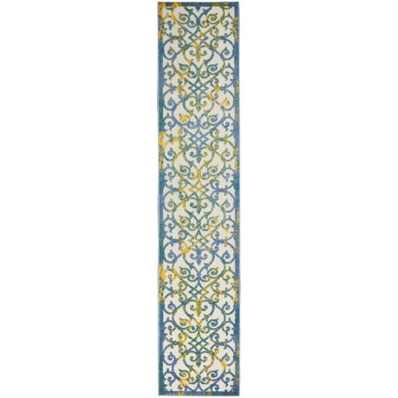 HomeRoots 479369 2 x 12 ft. Ivory & Blue Damask Non Skid Indoor & Outdoor Runner Area Rug