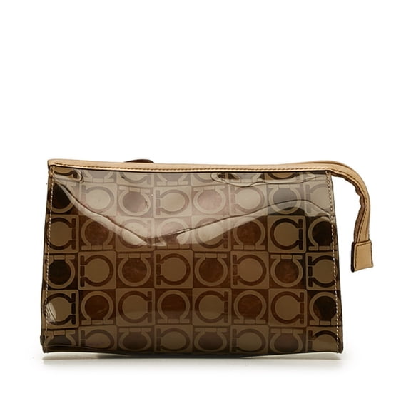 Pre-Owned Salvatore Ferragamo Gancini Pouch in Brown, Beige, Vinyl, and Leather for... (Good)