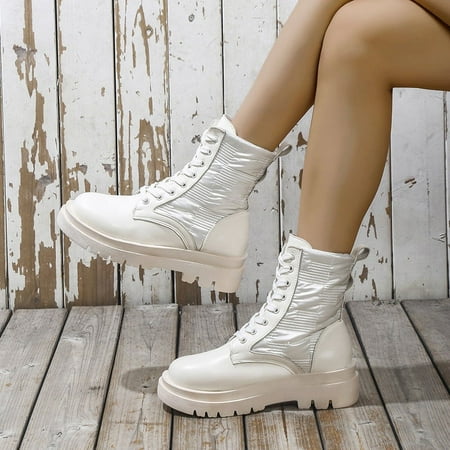 

Bnwani Women Shoes Clearence Low Heel Shoes Lace-Up Warm Thick Ankle-High White Boots 35-43