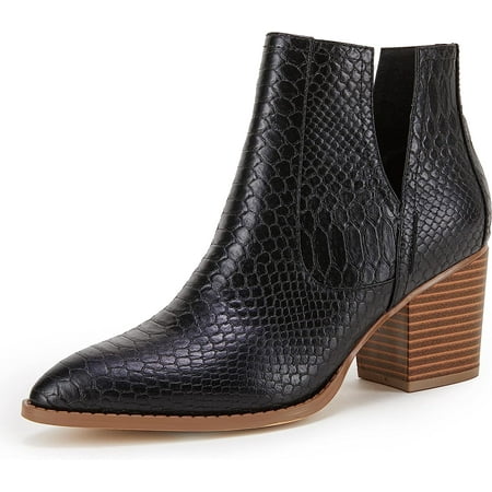 

Womens Ankle Boots Slip On Cutout Pointed Toe Snakeskin Chunky Stacked Mid Heel Booties