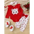 thumbnail image 2 of Suealasg Baby Girl Valentine's Day Clothes 3M 6M 9M 12M 18M Infant Long Sleeve Bear Print Romper + Heart Long Pants + Headband 3Pcs Newborn Girl Spring Outfit Set, 2 of 9