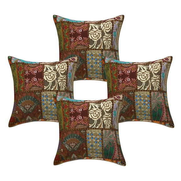 Stylo Culture Indian Cotton Decorative Throw Pillow Sham Covers Dark Brown 18x18 Bohemian Vintage Patchwork Indian Couch Cushion Covers 45 x 45 cm Home Decor Abstract Square Pillowcases | Set Of 4