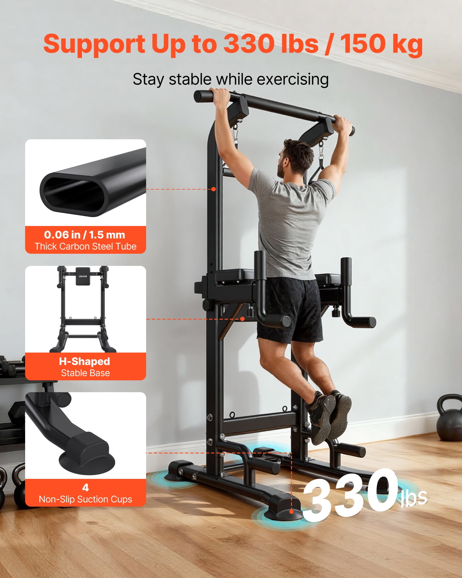 VEVOR Pull Up Bar, 330 LBS Power Tower Dip Station, Workout Dip Station with H-Shaped Stable Base & Back Pad,Adjustable 12 Level Height Free Standing Chin Up Bar for Back, 4-Level Adjustable Back Pad