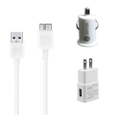Zeimax® Cable, Car & Wall Charger Set -Includes (1) 3 Ft Cable, (1) Car Charger, and (1) Wall Charger. 3FT Cable USB 3.0 Data Sync & Charging Cable for Samsung Galaxy S5 V i9600 (White)