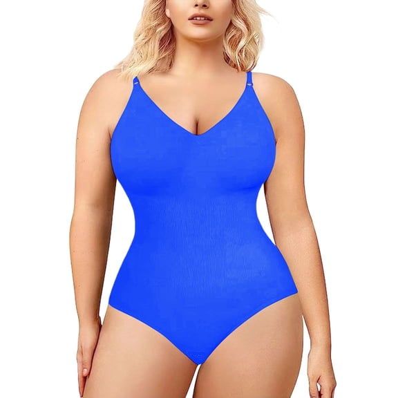 QSAWXQZ Women's Shapewear Bodysuit Sleeveless V Neck Seamless Hook and Eye Crotch Closure Butt Lift Tummy Control Under Dress Wear Blue XL