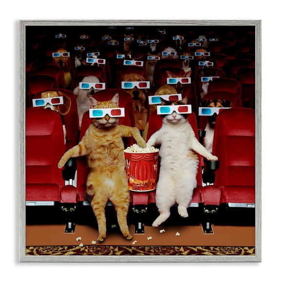 Stupell Industries Eclectic Cats at 3D Movie Theater Gray Framed Giclee Art, 12 x 12, by Lund Roeser