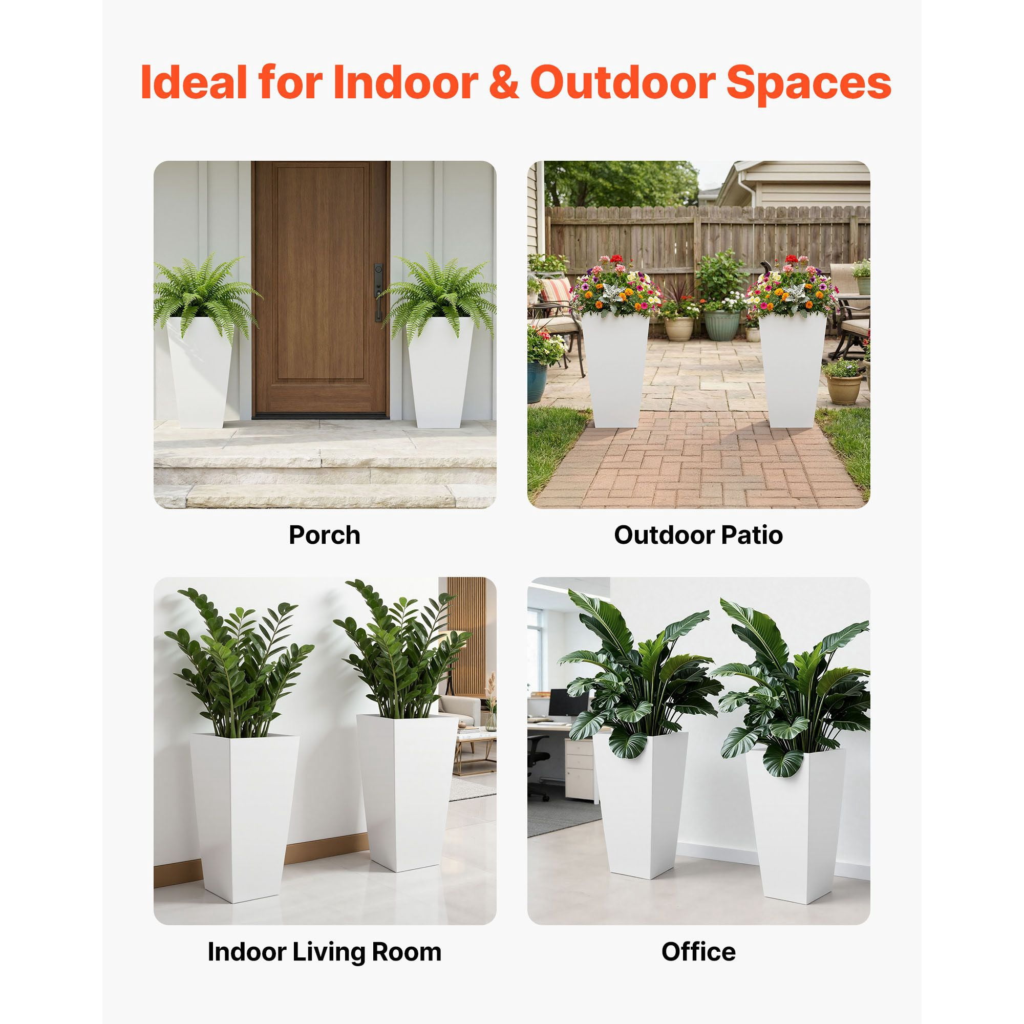 26 Inch Tall Planters Set of 2, Large Outdoor Taper Flower Pots with Casters Drainage, Front Porch Patio Garden Planter Indoor White
